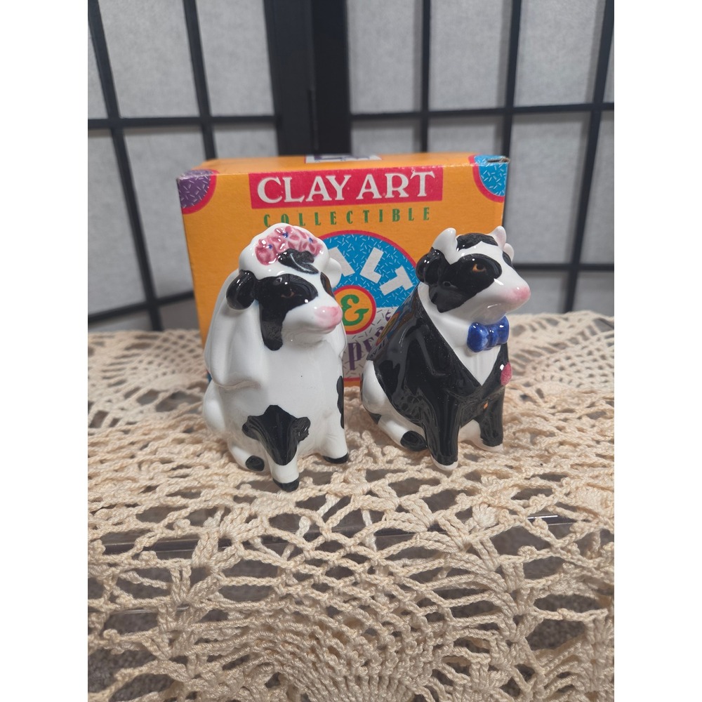 Clay Art Cow Bride and Groom Salt and Pepper Shakers Vintage Wedding Collectible